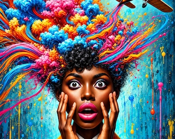 Arte mural de mujer negra: lámina colorida, surrealista y afropop para imprimir.