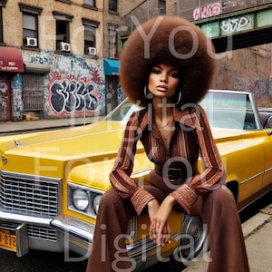 Arte retro de Cadillac amarillo de los años 70: descarga digital, decoración de pared de coches clásicos, ilustración de moda urbana afrocéntrica