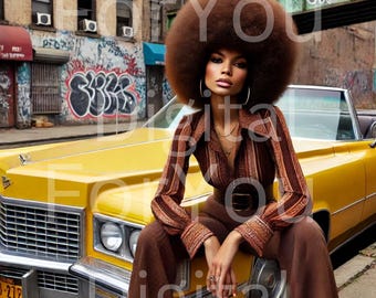 1970s Yellow Cadillac Retro Art – Digital Download, Vintage Car Wall Decor, Afrocentric Urban Fashion Illustration