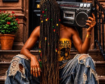 Arte mural de hip hop con mujeres negras – Impresión con diseño retro de radiocasete