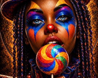 Black Woman Wall Art, Vintage Clown Portrait, Printable