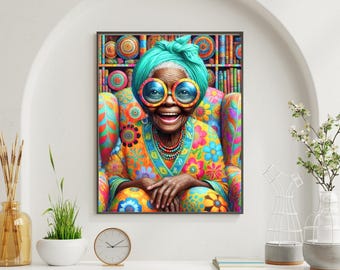 Afrocentric Wall Art – Joyful Black Elder Woman Library Portrait