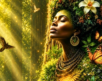 May include: A digital illustration of a person with dark skin adorned with green foliage and white flowers in their hair. They wear large gold circular earrings and layered gold necklaces. Butterflies surround them in a sunlit forest setting.
