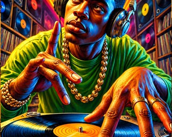 Pode incluir: Uma pessoa vestindo uma camisa verde brilhante de manga comprida, uma corrente grossa de ouro e uma pulseira de ouro, com fones de ouvido grandes sobre as orelhas. Está posicionada atrás de um toca-discos com vinil e estantes de discos.