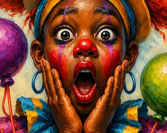 May include: An oil painting style portrait of a clown with wide eyes and an open mouth, wearing a yellow hat, blue hoop earrings, and a blue and yellow ruffled collar. A purple balloon is on the left and a green balloon is on the right.