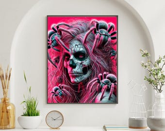 Gothic Skull Wall Art – Cracked Skull Woman with Spiders, Pink Horror Digital Print for Halloween Decor