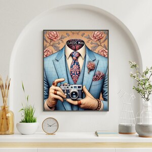 Gentleman Wall Art – Blue Suit Printable, Vintage Camera Decor for Barbershop, Man Cave or Office, Dapper Style Digital Download