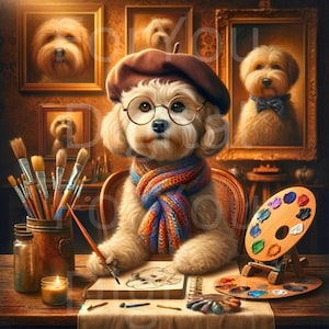 Pawblo Picasso: Dog Artist Digital Print - Cute Puppy in Beret Drawing Self-Portrait Wall Art, Instant Download
