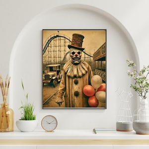 Vintage Circus Wall Art – Creepy Clown Portrait Print, Gothic Horror Home Decor, Spooky Carnival Digital Download