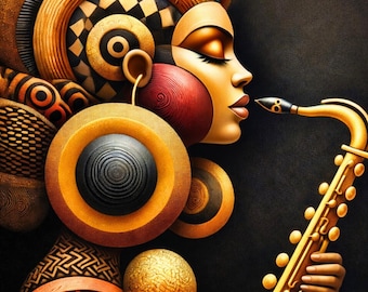 Abstract Jazz Wall Art – Afrocentric Saxophone Portrait Print, Modern Music Decor