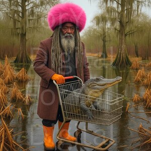 Afro Surreal Swamp Art Print – Brodaty mężczyzna z aligatorem w wózku, Fantazyjna dekoracja ścienna Southern Bayou
