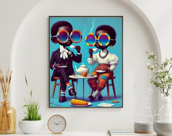 Afrocentric Kids Tea Party Wall Art – Whimsical Black Children Portrait Digital Download