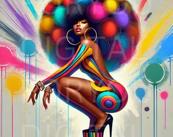 Afrocentric Disco Queen Art – 70s Retro Digital Download, Bold Black Woman with Afro, Colorful Funky Wall Print