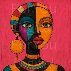 Afrocentric Abstract Woman Wall Art – Colorful Tribal Portrait Print, Ethnic Home Decor Download