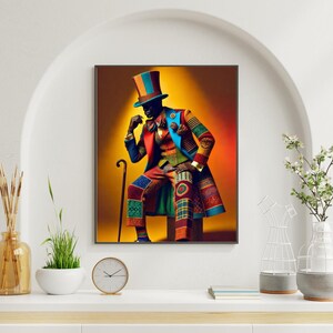 Arte de parede colorida e moderna – Retrato de homem negro impresso, decoração ousada e maximalista para casa, estilo dândi moderno para imprimir.