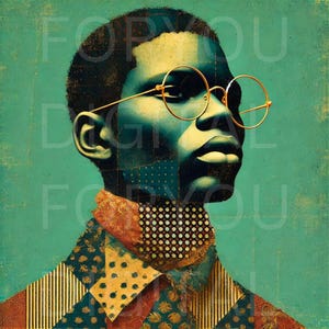 Afrocentric Wall Art – Retro African American Male Portrait with Gold Glasses, Digital Download Print