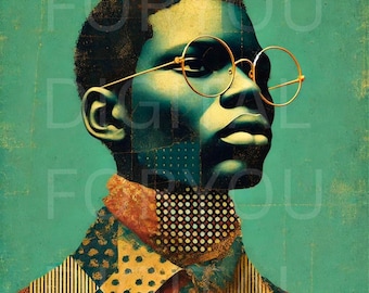 Afrocentric Wall Art – Retro African American Male Portrait with Gold Glasses, Digital Download Print