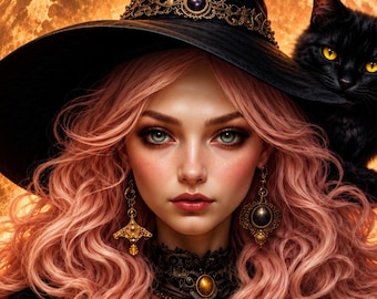 Witch Wall Art – Black Cat Halloween Decor Printable
