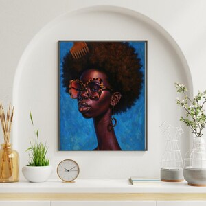 Afro Woman Wall Art – Bold Black Portrait with Glasses & Hair Pick, Afrocentric Digital Print Download