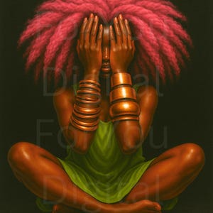 Afro Surreal Woman Art Print – Pink Afro Wall Art, Bold Black Woman Portrait, Digital Download for Living Room or Gallery Decor