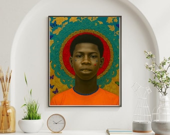 Black Boy Wall Art – Stampa ritratto afrocentrico, arredamento regale afroamericano, vibrante opera d'arte culturale