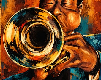 Lámina decorativa de trompetista de jazz – Música afroamericana para imprimir