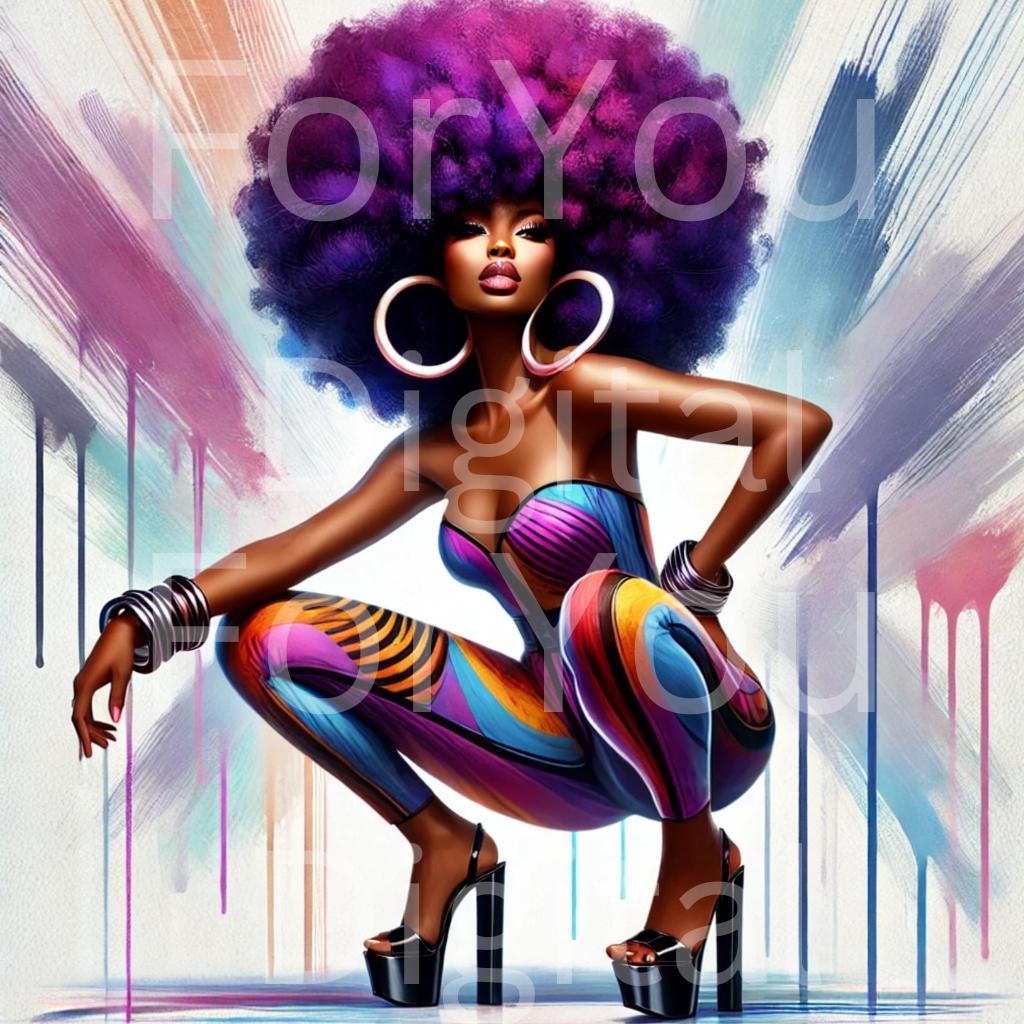 Afrocentric Woman Wall Art – Bold 70s Style Print, African American Digital Download, Retro Funky Fashion Home Decor