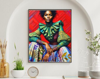 Afrocentric Black Woman Wall Art – Bold Couture Portrait, Textured Modern Statement Decor