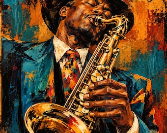 Lámina decorativa de saxofonista de jazz – Música afroamericana para imprimir