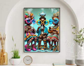 Afrocentric Kids Wall Art – Black Boys Tea Party Portrait, Vibrant Digital Download