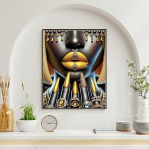 Black Woman Glam Art – Gold Lips and Nails Portrait, Afrocentric Fashion Beauty Print, Digital Luxury Wall Art Download