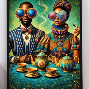 Black Couple Wall Art – Tea Time Harmony, Printable image 6