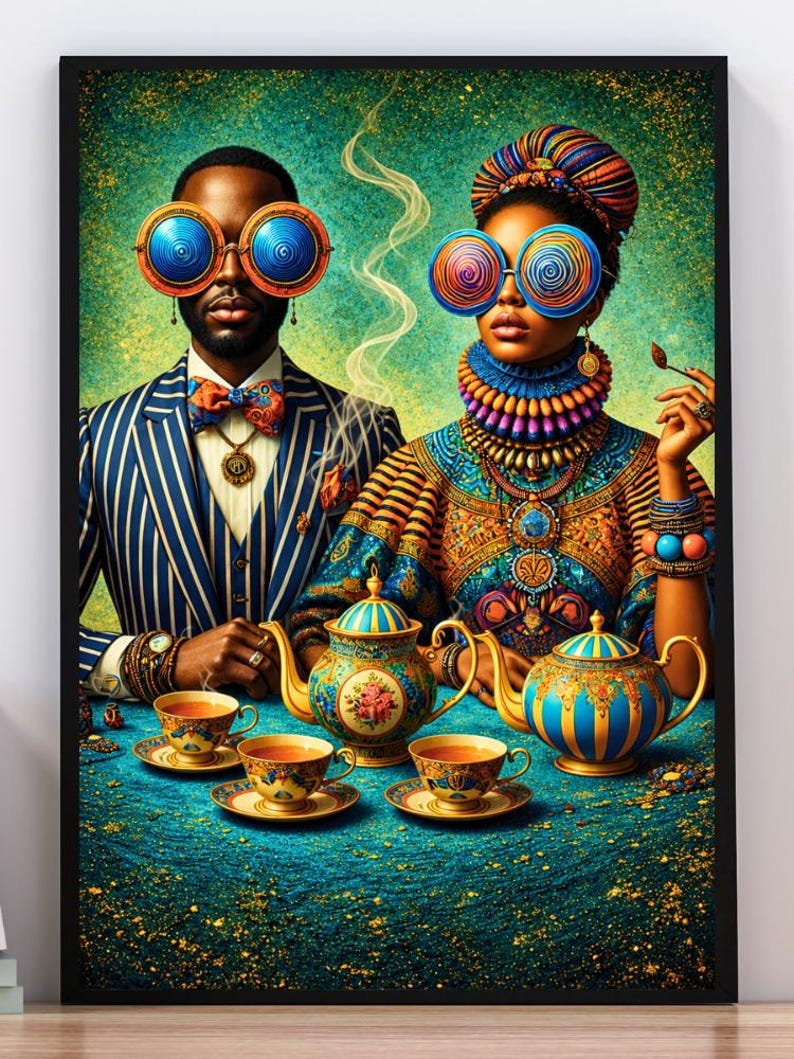 Black Couple Wall Art – Tea Time Harmony, Printable image 6