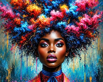 Arte pop afroamericano: mujer afro colorida para imprimir