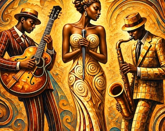 May include: A jazz trio featuring a singer in a gold swirl-patterned gown holding a microphone, flanked by a guitarist in a brown striped suit and a saxophonist in a gold plaid suit, all set against a vibrant, swirling gold and orange background.