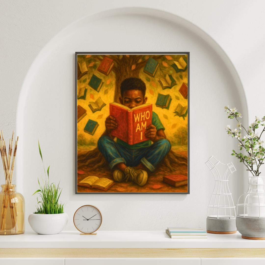 Black Boy Reading Wall Art – Afrocentric Kids Decor, Educational