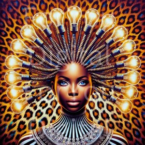 Black Woman Wall Art – Afrocentric Lightbulb Crown Portrait, Bold Leopard Print Digital Art for Modern Home Decor