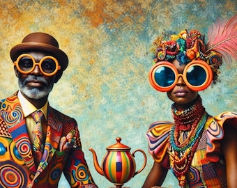 Black Couple Wall Art – Afro Tea Party Portrait, Colorful Afrocentric Printable