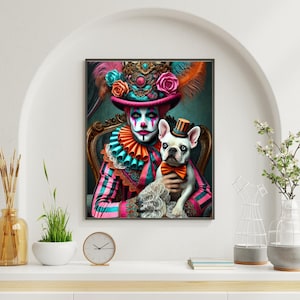 Circus Clown & French Bulldog Portrait: Eclectic Animal Art (Digital Download