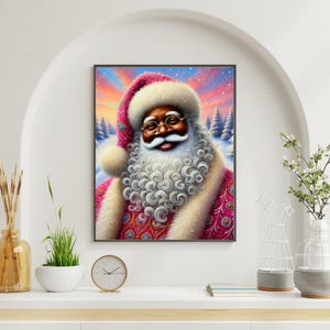 African American Santa Wall Art – Black Santa with Reindeer, Holiday Portrait Digital Download