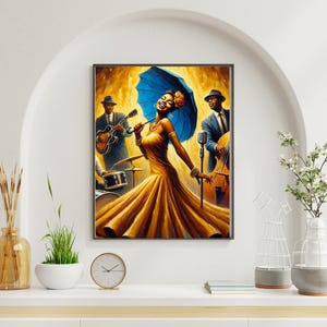Jazz Diva Wandkunst - Schwarze Frau, die Gemälde, Retro Jazz Club Dekor, gefühlvolle Musik Drucke Digitaler Download singt