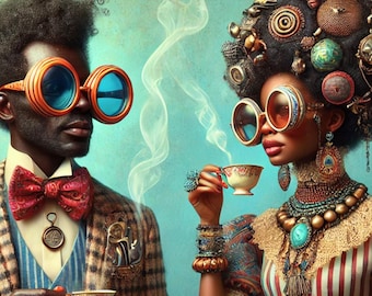Black Couple Wall Art – Afro Tea Party Portrait, Victorian Afrocentric Printable