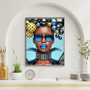 Black Woman Wall Art – Afrofuturistic Blue Fashion Portrait, Bold Glam Decor, Digital Afro Art Print for Modern Home