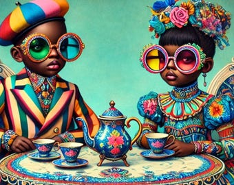Black Kids Wall Art – Afro Tea Party Kids Portrait Stylish Afrocentric Printable