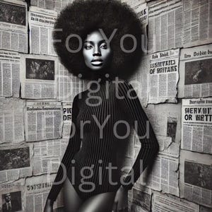 Black and White Afro Woman Wall Art – Bold Digital Portrait, Afrocentric Printable Download