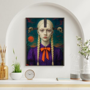 Gothic Doll Wall Art – Creepy Blonde Girl Portrait with Skulls, Dark Fantasy Halloween Printable, Haunted Victorian Digital Download