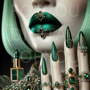 Fashion Wall Art – Emerald Green Glam Lips & Nails Digital Print, Luxury Beauty Portrait, Jewel Decor, Instant Download