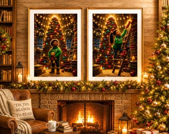 Black Kids Christmas Wall Art Set, Book Tree Decor, Holiday Printable Bundle