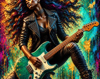 Lámina decorativa de mujer negra con guitarra – Música rock afroamericana para imprimir