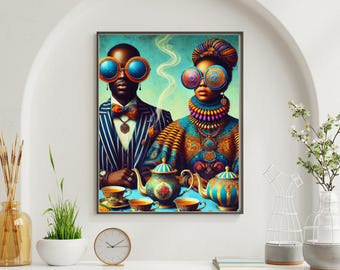 Afrocentric Couple Wall Art – Bold Black Love Portrait, Tea Party Style Digital Download